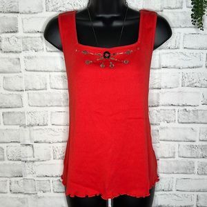 Lash Lane Boho Hippie Red Embellished Tank Top Shirt Size Large Petite LP